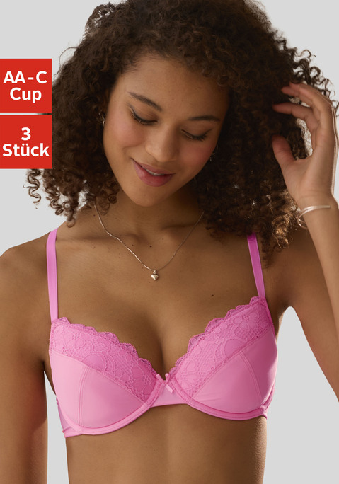 Bild: Push-up-BH von petite fleur: Push-up-BH im 3er-Pack von PETITE FLEUR. Mit herausnehmbaren Kissen und elastischer Jacquardspitze an der Cupkante. Träger und Rückenverschluss verstellbar. Aus weichem Microtouch. Sexy Dessous. Spitzen-Dessous. Romantische Dessous. Verspielte Dessous. BHs sind nicht trocknergeeignet, da die Versteller und Ringe durch die Hitze beschädigt werden und brechen. Der BH ist aus 59% Polyester, 19% Baumwolle, 11% Polyamid und 11% Elasthan.