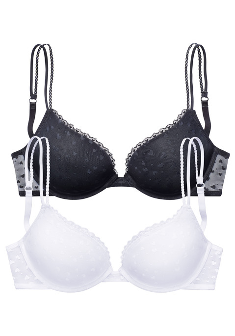 Bild: Push-up-BH von petite fleur: Romantischer Push-up-BH mit Bügel und herausnehmbaren Kissen - für ein tolles Dekolleté. Rundherum aus einem süßen Herzchen-Mesh gefertigt. Mit dekorativen Spaghettiträgern und edler Spitzenborte am Cuprand. Individuell verstellbare Träger sowie Rückenverschluss. Im attraktiven Doppelpack. Reizwäsche. Verführerische Dessous. Spitzen-Dessous. Romantische Dessous. Verspielte Dessous. Aus 80% Polyamid, 20% Elasthan.
