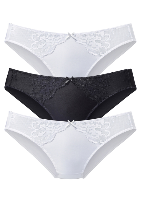 Bild: Slip von petite fleur: Femininer Slip im attraktiven 3er-Pack. Gefertigt aus weichem Microtouch-Material und feiner, floraler Spitze. Mit feiner Zierschleife in der vorderen Mitte. Mit eingearbeitetem Baumwollzwickel. Passender BH aus der gleichen Serie, um dein Wäsche-Set zu vervollständigen. Aus 88% Polyamid, 12% Elasthan.