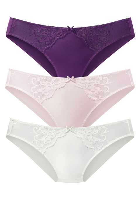 Bild: Slip von petite fleur: Femininer Slip im attraktiven 3er-Pack. Gefertigt aus weichem Microtouch-Material und feiner, floraler Spitze. Mit feiner Zierschleife in der vorderen Mitte. Mit eingearbeitetem Baumwollzwickel. Passender BH aus der gleichen Serie, um dein Wäsche-Set zu vervollständigen. Aus 88% Polyamid, 12% Elasthan.