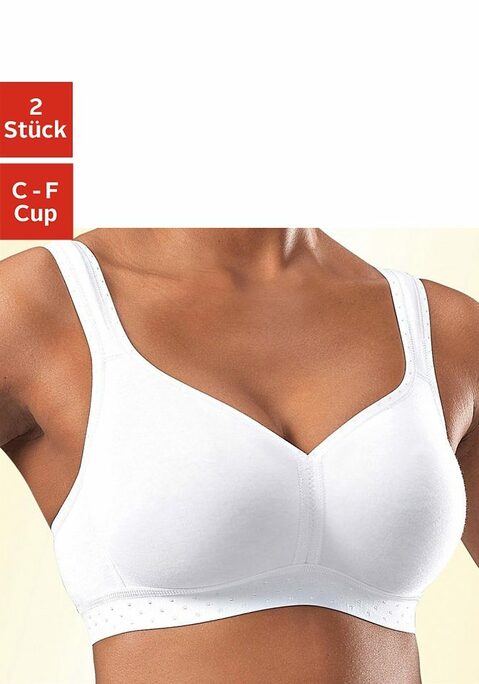 Bild: Soft-BH von petite fleur: PETITE FLEUR: BH ohne Bügel im 2er Pack. Unwattiertes Cup. Schönes Pünktchen-Muster am Unterbrustband und an den Paspeln. Entlastende, breitere Träger für einen angenehmen Tragekomfort. Träger und Rückenverschluss verstellbar.  Der BH ist aus 90% Baumwolle, 10% Elasthan. BHs sind nicht trocknergeeignet, da die Versteller und Ringe durch die Hitze beschädigt werden und brechen.