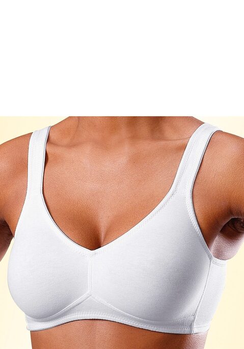 Bild: Soft-BH von petite fleur: Toller Basic BH ohne Bügel von Petite Fleur im Doppelpack. Die nahtlos vorgeformten, unwattierten Cups schmiegen sich sanft an und sind ideal für eng anliegende Kleidung, da sich nichts abzeichnet. Die breiteren Träger geben verlässlichen Halt und verhindern ein unangenehmes Einschneiden auf den Schultern. Mit steigender Größe ist die Passform auf die jeweiligen besonderen Bedürfnisse abgestimmt, d.h. pro Größe wachsen auch die Rückteile und Verschlussbreiten mit. Für hohen Tragekomfort sorgen breitere Elastikbänder entlang der Kanten, die dank hochelastischer Nähte nicht einschneiden. Träger und Rückenverschluss sind verstellbar.  Aus 95% Baumwolle, 5% Elasthan. <br/><br/> BHs sind nicht trocknergeeignet, da die Versteller und Ringe durch die Hitze beschädigt werden und brechen.