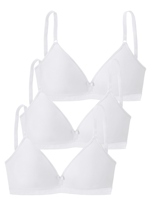 Bild: Soft-BH von petite fleur: Bralette-BH ohne Bügel in angesagter Triangel-Schnittform. Rundherum aus weicher Baumwoll-Qualität. Mit dezent eingewebtem "petite fleur"-Schriftzug im Unterbrustband. Individuell verstellbare Träger sowie Rückenverschluss. Im attraktiven 3er-Pack. Aus 75% Baumwolle, 15% Elasthan, 10% Polyester.