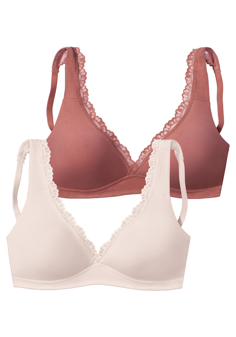 Bild: Soft-BH von petite fleur: Basic Bralette-BH mit hübscher Spitzenkante im High-Apex-Design. Mit nahtlos vorgeformten, doppellagigen Cups - ohne Bügel. Rundherum aus weicher Baumwollmischung. Individuell verstellbare Träger sowie Rückenverschluss. Im attraktiven Doppelpack. Aus 80% Baumwolle, 10% Elasthan, 10% Polyamid.