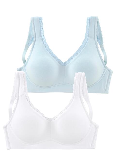 Bild: Soft-BH von petite fleur: Basic-BH ohne Bügel (ohne Wattierung) von Petite Fleur im günstigen Doppelpack. Aus weicher, trageangenehmer Baumwolle mit zarter Spitzenkante am Dekolleté und an den Trägern. Breitere wattierte Träger für einen hohen Tragekomfort bis in große Größen. Träger und Rückenverschluss verstellbar.  Der BH ist aus 85% Baumwolle, 10% Polyamid, 5% Elasthan. BHs sind nicht trocknergeeignet, da die Versteller und Ringe durch die Hitze beschädigt werden und brechen.