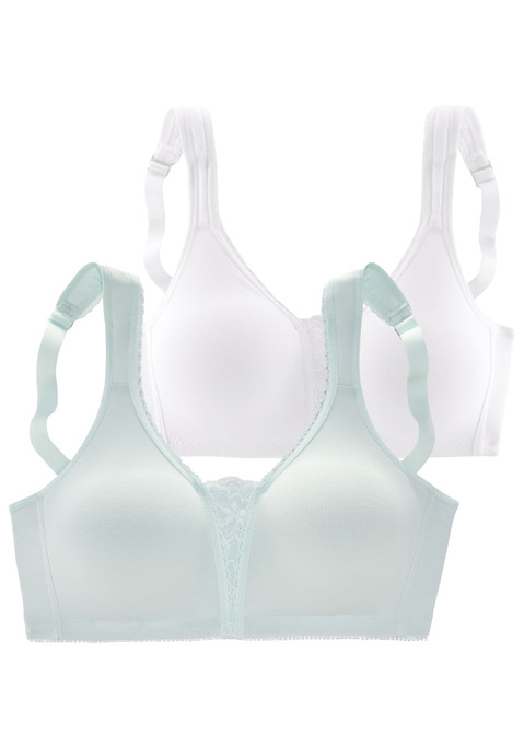 Bild: Soft-BH von petite fleur: Ohne Bügel. Mit nahtlos vorgeformten, leicht wattierten Material. Breite, gefütterte Träger für einen guten Halt. Schöner Spitzeneinsatz in der vorderen Mitte. Träger und Rückenverschluss verstellbar. Der BH ist aus 90% Baumwolle, 5% Polyamid, 5% Elasthan. BHs sind nicht trocknergeeignet, da die Versteller und Ringe durch die Hitze beschädigt werden und brechen.