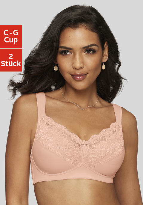 Bild: Soft-BH von petite fleur: Obercup mit Glänzender Stickereispitze, teilweise transparent. Breitere, gefütterte Komfortträger. Cups mit Baumwolle gefüttert. Träger- und Rückenverschluss verstellbar.  Der BH ist aus 60% Polyamid, 29% Baumwolle, 11% Elasthan. BHs sind nicht trocknergeeignet, da die Versteller und Ringe durch die Hitze beschädigt werden und brechen.