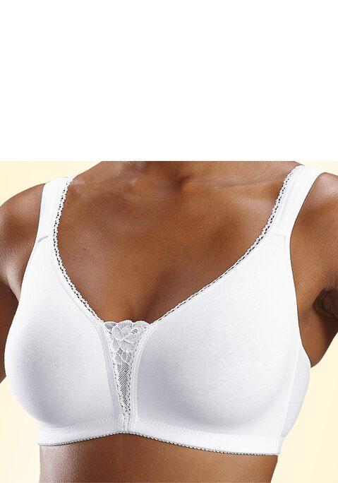 Bild: Soft-BH von petite fleur: Ohne Bügel. Mit nahtlos vorgeformten, leicht wattierten Material. Breite, gefütterte Träger für einen guten Halt. Schöner Spitzeneinsatz in der vorderen Mitte. Träger und Rückenverschluss verstellbar. Der BH ist aus 90% Baumwolle, 5% Polyamid, 5% Elasthan. BHs sind nicht trocknergeeignet, da die Versteller und Ringe durch die Hitze beschädigt werden und brechen.