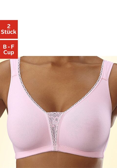Bild: Soft-BH von petite fleur: Ohne Bügel. Mit nahtlos vorgeformten, leicht wattierten Material. Breite, gefütterte Träger für einen guten Halt. Schöner Spitzeneinsatz in der vorderen Mitte. Träger und Rückenverschluss verstellbar. Der BH ist aus 90% Baumwolle, 5% Polyamid, 5% Elasthan. BHs sind nicht trocknergeeignet, da die Versteller und Ringe durch die Hitze beschädigt werden und brechen.