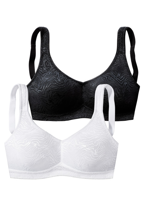 Bild: Soft-BH von petite fleur: Hübscher BH ohne Bügel mit breiten, wattierten Trägern. Mit Cups aus glänzendem Jacquardmaterial im Animal-Design. Rücken aus weicher Baumwollmischung. Individuell verstellbare Träger sowie Rückenverschluss. Im günstigen Doppelpack erhältlich. Aus  52% Polyamid, 40% Baumwolle, 8% Elasthan.