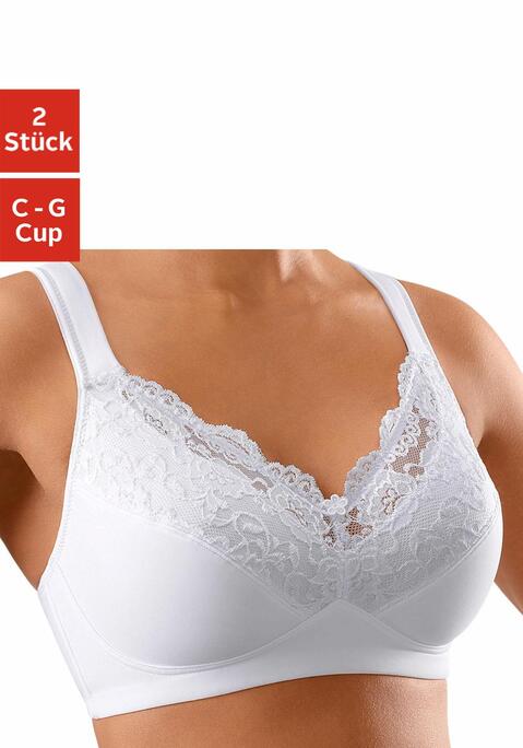 Bild: Soft-BH von petite fleur: Obercup mit Glänzender Stickereispitze, teilweise transparent. Breitere, gefütterte Komfortträger. Cups mit Baumwolle gefüttert. Träger- und Rückenverschluss verstellbar.  Der BH ist aus 60% Polyamid, 29% Baumwolle, 11% Elasthan. BHs sind nicht trocknergeeignet, da die Versteller und Ringe durch die Hitze beschädigt werden und brechen.