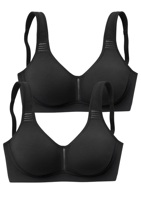 Bild: T-Shirt-BH von petite fleur: BH ohne Bügel von Petite Fleur im praktischen 2er-Pack. Nahtlos vorgeformte, unwattierte Cups. Breite, wattierte Träger für einen guten Halt. Träger und Rückenverschluss verstellbar.  Aus 95% Baumwolle, 5% Elasthan. BHs sind nicht trocknergeeignet, da die Versteller und Ringe durch die Hitze beschädigt werden und brechen.