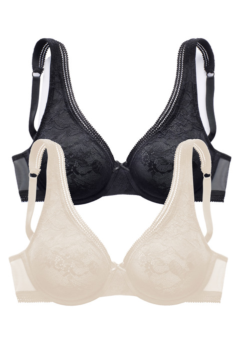 Bild: T-Shirt-BH von petite fleur: Verspielter T-Shirt-BH mit Bügel und feiner Zierschleife vorne mittig. Mit nahtlos vorgeformten Cups (ohne Wattierung) aus zarter Spitze in blumiger Optik. Hübsche Zierkante entlang des Dekolletés. Individuell verstellbare Träger sowie Rückenverschluss. Im günstigen Doppelpack. Aus 88% Polyamid, 12% Elasthan.
