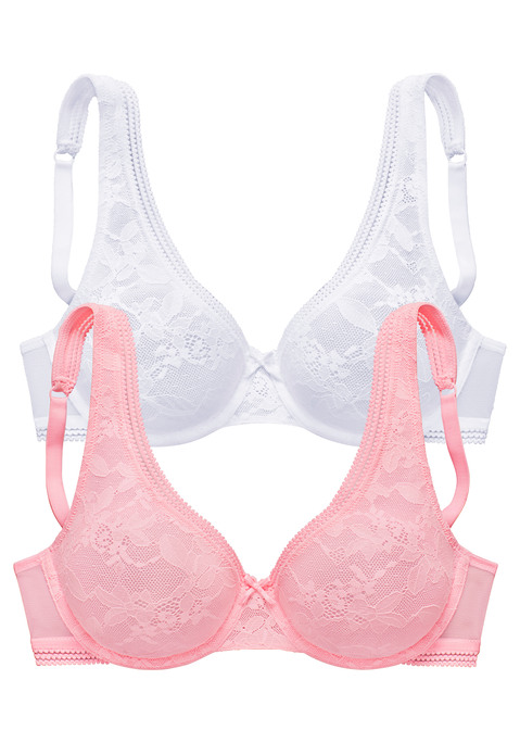 Bild: T-Shirt-BH von petite fleur: Verspielter T-Shirt-BH mit Bügel und feiner Zierschleife vorne mittig. Mit nahtlos vorgeformten Cups (ohne Wattierung) aus zarter Spitze in blumiger Optik. Hübsche Zierkante entlang des Dekolletés. Individuell verstellbare Träger sowie Rückenverschluss. Im günstigen Doppelpack. Aus 88% Polyamid, 12% Elasthan.