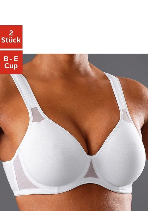 Bild: T-Shirt-BH von petite fleur: PETITE FLEUR: T-Shirt-BH im 2er-Pack mit Bügel und nahtlos vorgeformten Cups (ohne Wattierung). Kleine Netzeinsätze. Träger und Rückenverschluss verstellbar. Klassische Dessous. Bequeme Alltags-Dessous. Modische Dessous. Aus 90% Baumwolle, 5% Polyamid, 5% Elasthan. <br/><br/> BHs sind nicht trocknergeeignet, da die Versteller und Ringe durch die Hitze beschädigt werden und brechen.