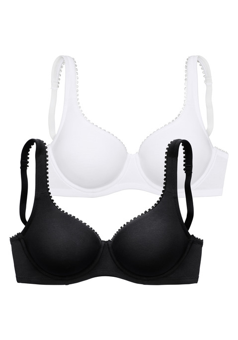 Bild: T-Shirt-BH von petite fleur: Hübscher T-Shirt-BH mit hübscher, kleiner Zierkante am Ausschnitt. Aus weicher, anschmiegsamer Baumwollqualität. Nahtlos vorgeformte Cups auf Formbügel gearbeitet - für ein tolles Dekolleté. Individuell verstellbare Träger sowie Rückenverschluss. Im attraktiven Doppelpack erhältlich. Aus 85% Baumwolle, 10% Polyamid, 5% Elasthan.