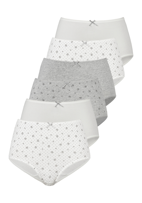 Bild: Taillenslip von petite fleur: Bequemer Taillenslip von Petite Fleur im praktischen 6er-Pack. Unifarben und mit hübschem Blumenmuster. Extrahohe Leibhöhe und elastische Abschlüsse an Taillen- und Beinausschnitten für viel Tragekomfort. Häkelkante am Bund und Zierschleife mittig. Weicher Baumwollstretch.