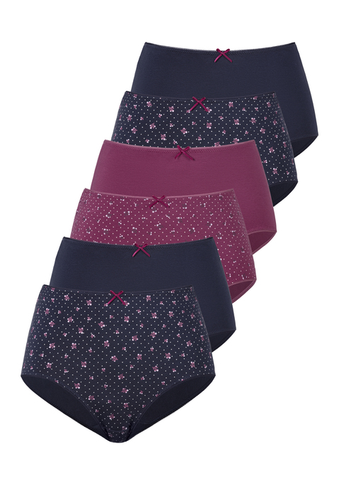 Bild: Taillenslip von petite fleur: Bequemer Taillenslip von Petite Fleur im praktischen 6er-Pack. Unifarben und mit hübschem Blumenmuster. Extrahohe Leibhöhe und elastische Abschlüsse an Taillen- und Beinausschnitten für viel Tragekomfort. Häkelkante am Bund und Zierschleife mittig. Weicher Baumwollstretch.
