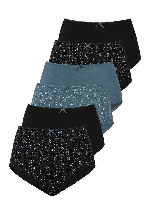 Bild: Taillenslip von petite fleur: Bequemer Taillenslip von Petite Fleur im praktischen 6er-Pack. Unifarben und mit hübschem Blumenmuster. Extrahohe Leibhöhe und elastische Abschlüsse an Taillen- und Beinausschnitten für viel Tragekomfort. Häkelkante am Bund und Zierschleife mittig. Weicher Baumwollstretch.