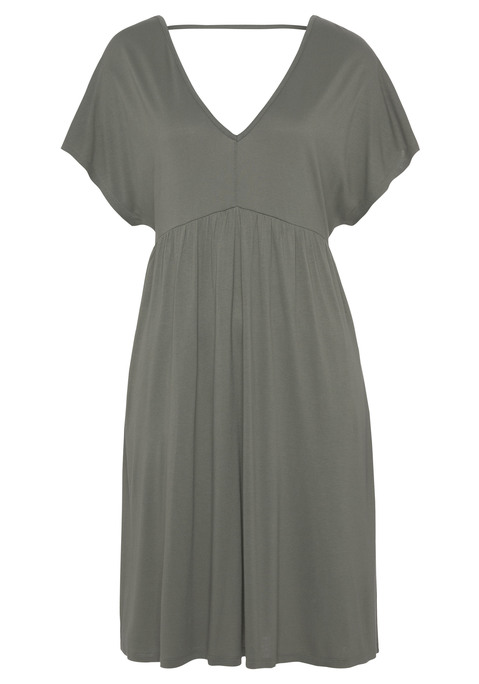 Bild: Jerseykleid von s.Oliver: Unifarbenes Strandkleid von s.Oliver mit tiefem V-Ausschnitt, hinten mit Zierbändern. Kurze Ärmel. Figurbetonende Taillennaht. Leichte, weich fließende Qualität aus Viskose.