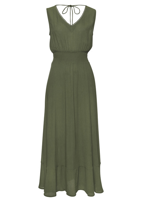 Bild: Maxikleid von s.Oliver: Maxikleid von S.Oliver mit dezenter Spitzenkante am Ausschnitt. Bindeband im Nacken und bequemer Smokeinsatz in der Taille. Für warme Sommertage. Aus gekrepptem Material.