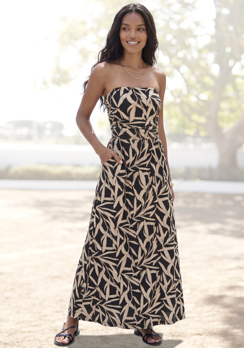 Bild: Maxikleid von s.Oliver: In Bandeauform mit Gummizug am Ausschnitt. Gerafftes Oberteil. Seitliche Eingrifftaschen. Allover bedruckt, jedes Teil ein Unikat. Rocklänge ca. 95cm. Aus 95% Viskose, 5% Elasthan.