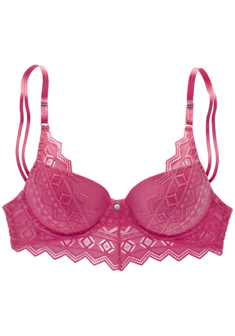 Bild: Push-up-BH von s.Oliver: Femininer Push-up-BH mit Bügel mit feinem Accessoire in der vorderen Mitte. Nahtlos vorgeformte Cups mit eingearbeitetem Polster im Untercup. Rundum mit graphischer Spitze in transparenter Optik. Individuell verstellbare Träger sowie Rückenverschluss. Passende Unterteile aus der gleichen Serie erhältlich. Obermaterial: 54% Polyamid, 37% Polyester, 9% Elasthan.