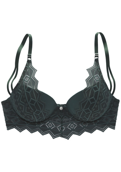 Bild: Push-up-BH von s.Oliver: Femininer Push-up-BH mit Bügel mit feinem Accessoire in der vorderen Mitte. Nahtlos vorgeformte Cups mit eingearbeitetem Polster im Untercup. Rundum mit graphischer Spitze in transparenter Optik. Individuell verstellbare Träger sowie Rückenverschluss. Passende Unterteile aus der gleichen Serie erhältlich. Obermaterial: 54% Polyamid, 37% Polyester, 9% Elasthan.