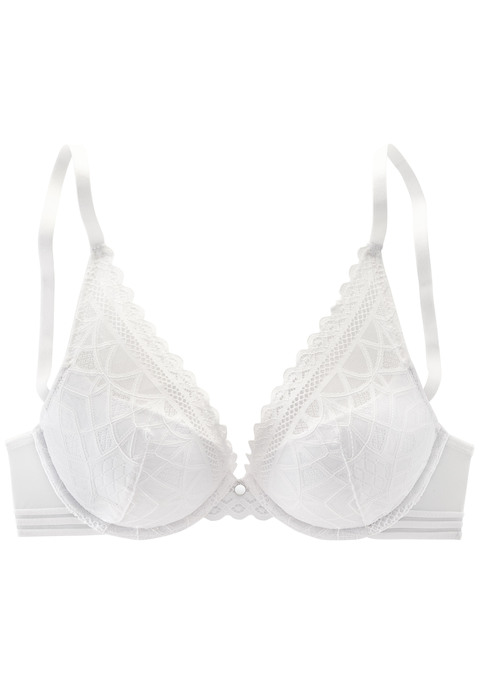 Bild: Push-up-BH von s.Oliver: Femininer Push-up-BH im edlen High-Apex Look. Cups mit graphischer Jacquardspitze überzogen. Mit modischem Accessoire vorne mittig und feinem Bund an den seitlichen Flügeln. Individuell verstellbare Träger sowie Rückenverschluss. Passende Unterteile aus der gleichen Serie erhältlich. Obermaterial: 60% Polyamid, 35% Polyester, 5% Elasthan.