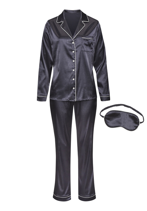 Bild: Pyjama von s.Oliver: Klassischer Pyjama von s.Oliver plus Schlafmaske. Langarmshirt mit Reverskragen, Knopfleiste, Manschetten und Brusttasche. Schlupfhose mit elastischem Tunnelzugbund. Stilvolle Verarbeitung mit Kontrast-Paspeln. Bequeme Passform. Glatte Satinqualität.