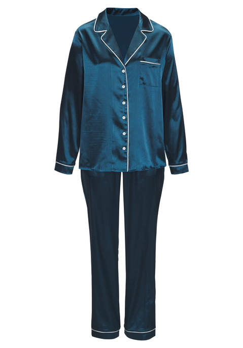 Bild: Pyjama von s.Oliver: Klassischer Pyjama von s.Oliver. Im Set mit eleganter Schlafmaske. Oberteil mit Reverskragen, Brusttasche und Kontrast-Piping. Lange Hose mit Gummizug und Bindeband. Angenehmes Tragegefühl dank der Satin-Webqualität.