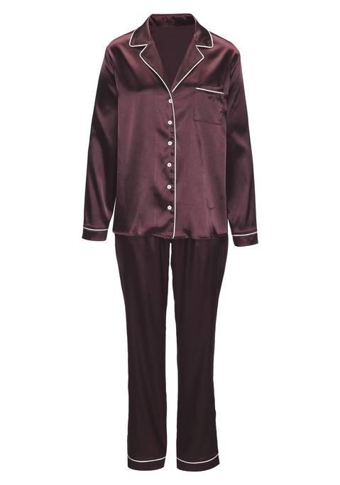 Bild: Pyjama von s.Oliver: Klassischer Pyjama von s.Oliver. Im Set mit eleganter Schlafmaske. Oberteil mit Reverskragen, Brusttasche und Kontrast-Piping. Lange Hose mit Gummizug und Bindeband. Angenehmes Tragegefühl dank der Satin-Webqualität.