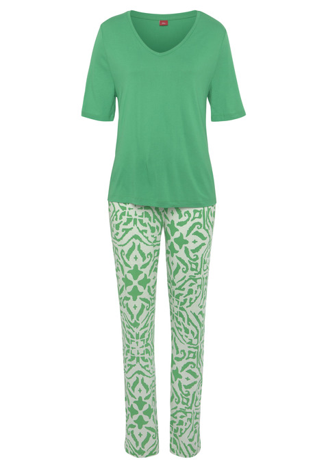 S.OLIVER Damen Pyjama grün-ecru gemustert Gr.32/34