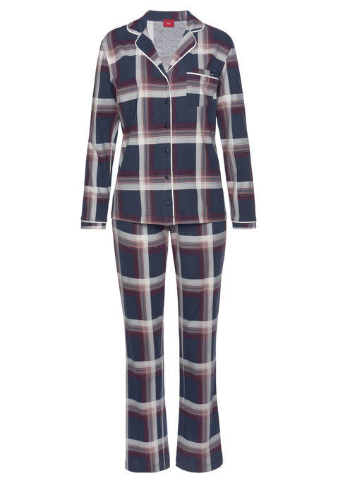 Bild: Pyjama von s.Oliver: Klassischer Pyjama von s.Oliver mit Allovermuster und Paspeldetails, Langarmshirt mit durchgehender Knopfleiste, Reverskragen und einer aufgesetzten Brusttasche. Lange Hose mit elastischem Tunnelzugbund. Aus 100% Baumwolle.
