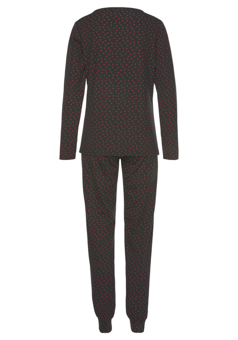 Bild: Pyjama von s.Oliver: Pyjama-Set von Lascana mit Allover Herzchenmuster, in schöner Geschenkbox. Langarmshirt mit kurzer Knopfleiste am Rundhalsausschnitt. Lange Hose mit elastischem Bund und elastischen Bündchen an den Beinenden. In weicher Single Jersey Qualität aus Vikose-Mix. Schlafmaske und Scrunchie mit Allover Herzchenmuster im Set enthalten.