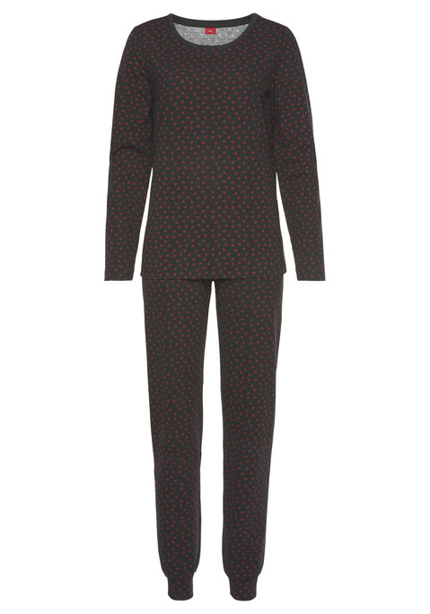 Bild: Pyjama von s.Oliver: Pyjama-Set von Lascana mit Allover Herzchenmuster, in schöner Geschenkbox. Langarmshirt mit kurzer Knopfleiste am Rundhalsausschnitt. Lange Hose mit elastischem Bund und elastischen Bündchen an den Beinenden. In weicher Single Jersey Qualität aus Vikose-Mix. Schlafmaske und Scrunchie mit Allover Herzchenmuster im Set enthalten.
