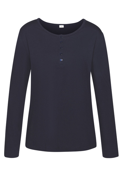 Bild: Pyjamaoberteil von s.Oliver: Langarmshirt von s.Oliver. Rundhalsausschnitt mir kurzer Knopfleiste. Legere Weite. Ideal als Homewear. Trageangenehmer Baumwoll-Viskose-Mix.