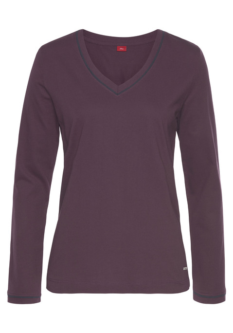 Bild: Pyjamaoberteil von s.Oliver: Bequemes Langarmshirt von S.Oliver in Unifarben mit Paspeldetails an den Abschlüssen und V-Ausschnitt. In einer weichen Single-Jersey Qualität aus 100% Baumwolle.