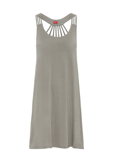 Bild: Strandkleid von s.Oliver: Süßes Minikleid mit trendiger Trägerlösung mit je 4 Bändern vorn am Träger und 8 Bändern im Rücken. Logostickerei am Saum. Länge ca. 82 cm. Aus 95% Viskose, 5% Elasthan.