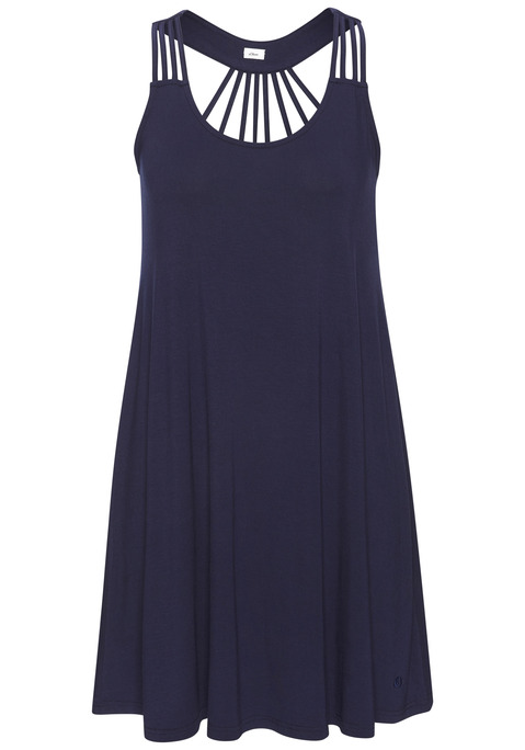 Bild: Strandkleid von s.Oliver: Raffiniertes Jerseykleid von s.Oliver. Kurzer Schnitt. Verspieltes Trägerdetail im Rücken. Weiter Rundhalsausschnitt. Für warme Sommertage. Weicher Jersey.