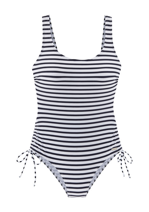 Bild: Badeanzug von Venice Beach: Badeanzug von Venice Beach mit Streifenmuster, Tanktopträgern und Rundhalsausschnitt. Herausnehmbare Cups. Seitliche Bänder zum Regulieren des Beinausschnitts. Trageangenehmes Material.