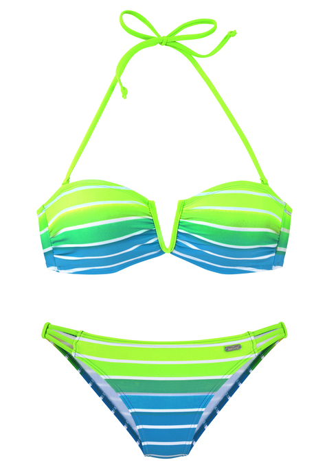 Bild: Bandeau-Bikini von Venice Beach: Bikinis von VENICE BEACH mit trendigem Streifendesign in knalligen Neonfarben. Top mit herausnehmbaren Cups und abnehmbaren Trägern. Seitliche Stäbchen für einen perfekten Halt. Im Nacken zu binden und im Rücken zu schließen. Bikini gefüttert.