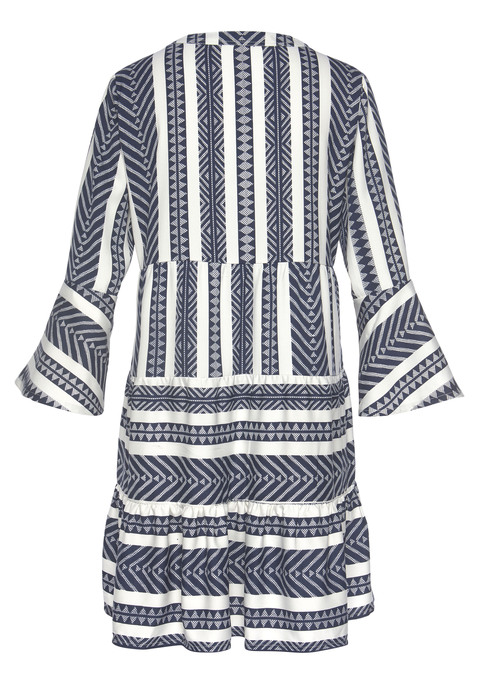 Bild: Blusenkleid von Venice Beach: In modischem Print, jedes Teil ein Unikat. In leichter A-Linie mit Teilungsnaht rundum in Brusthöhe, darunter in ausgestellter Form. ¾-lange Ärmel mit Volantabschluss. Länge ca. 86 cm.  Aus 100% Polyester.