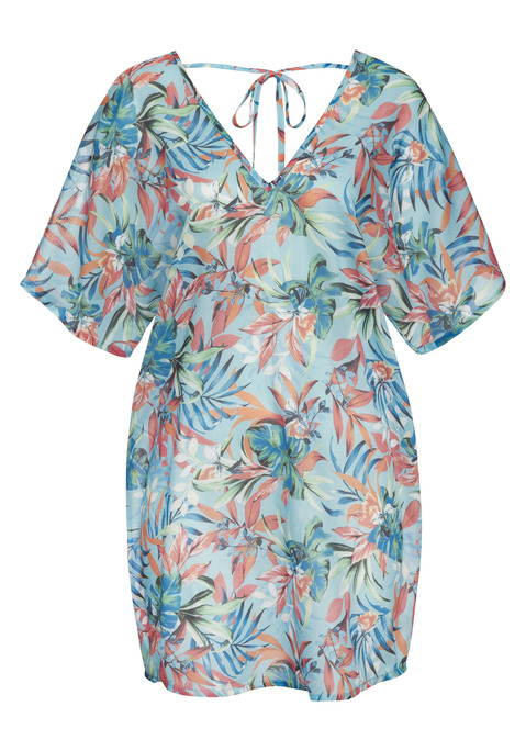 Bild: Chiffontunika von Venice Beach: Leichte Tunika von Venice Beach mit Alloverprint – jedes Teil ein echtes Unikat. Tiefer V-Ausschnitt an Vorder- und Rückseite. Im Nacken mit Bindeband für eine optimale Passform. Kurze Ärmel. Figurumspielend geschnitten. Semi-transparente Qualität.