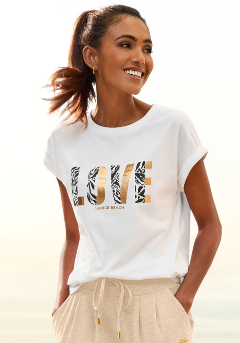 Bild: Kurzarmshirt von Venice Beach: Bequemes unfarbenes T-Shirt von Venice Beach. Glänzender Schriftzugprint vorn. Kurze Ärmel mit Aufschlag. Rundhalsausschnitt. Lockere Passform. Trageangenehmer Baumwolljersey.
