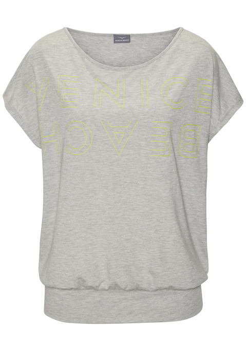 Bild: Rundhalsshirt von Venice Beach: Unifarbenes Shirt von Venice Beach mit großem Schriftzug vorn. Legere Form mit breitem, anliegendem Bund für einen lockeren Fall. Für Freizeit und Sport. Leicht transparente Strukturware.