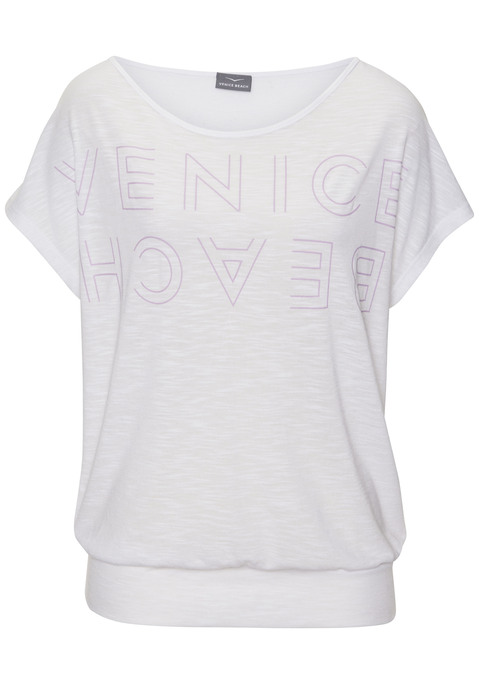 Bild: Rundhalsshirt von Venice Beach: Unifarbenes Shirt von Venice Beach mit großem Schriftzug vorn. Legere Form mit breitem, anliegendem Bund für einen lockeren Fall. Für Freizeit und Sport. Leicht transparente Strukturware.