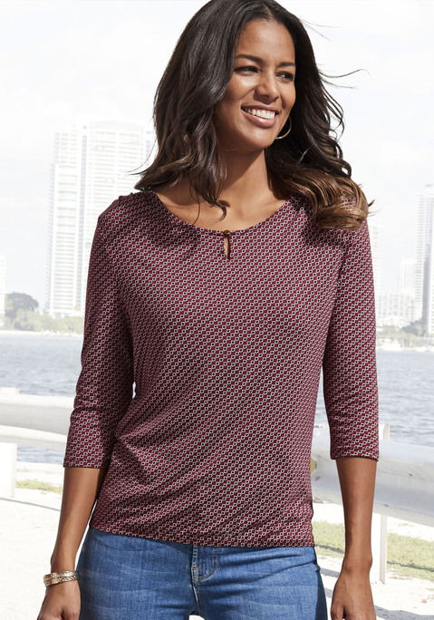 Bild: 3/4-Arm-Shirt von Vivance: Shirt von Vivance mit modischen 3/4-Ärmeln. Rundhalsausschnitt mit kleiner Öffnung und glänzendem Knopf vorn. Gummizug am Bund für eine lässige Passform. Aus weich fließender Viskose-Elasthan-Qualität.
