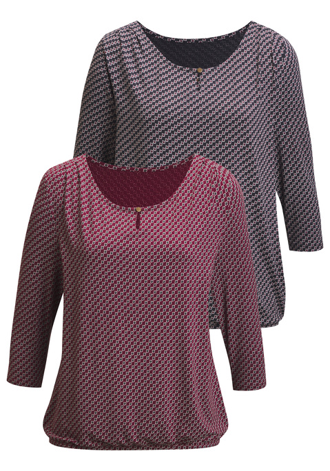 Bild: 3/4-Arm-Shirt von Vivance: Im 2er-Pack: 3/4-Arm-Shirt von Vivance. Rundhalsausschnitt mit kleiner Öffnung und glänzendem Knopf vorn. Gummizug am Bund für eine lässige Passform. Aus weich fließender Viskose-Elasthan-Qualität.