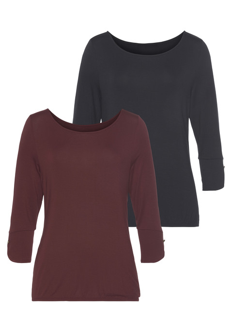 Bild: 3/4-Arm-Shirt von Vivance: Vivance 3/4-Arm-Shirts im 2er-Pack. Mit modischen Manschetten und goldfarbenen Knöpfen an den Abschlüssen. Gummizug am Bund für eine lässige Passform. Aus weich fließender Viskose-Elasthan-Qualität.